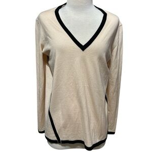 Lanvin Paris blush pink wool black trim v-neck sweater